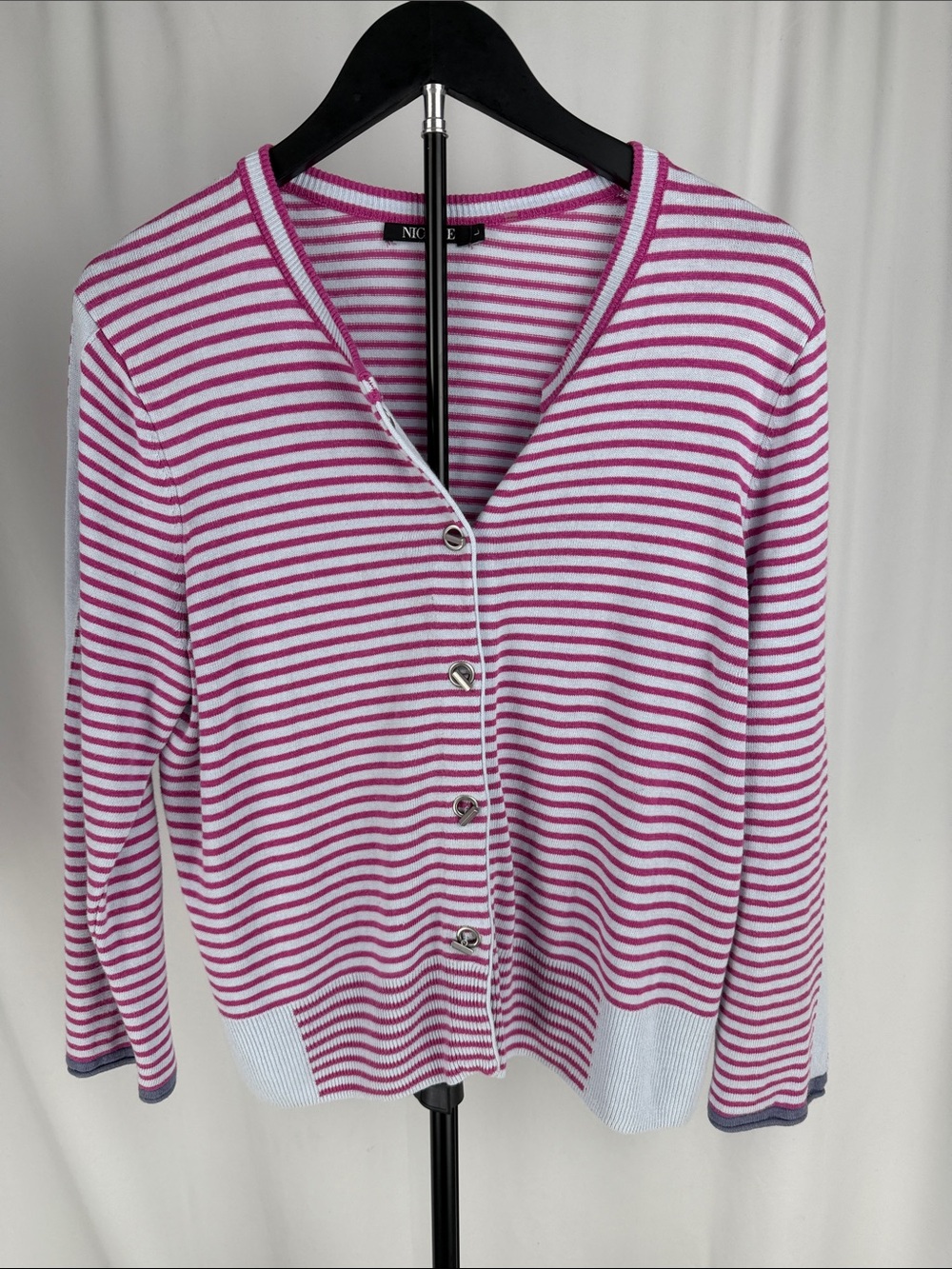 NIC+ZOE Pink and White Striped V‑Neck Button Cardigan
